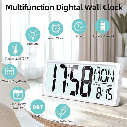XREXS Large Digital Wall Clock Battery Operated with Backlight, 15" LED Large Display Timer with Temperature Date Week Auto DST Adjustable Brightness, Alarm Clock for Classroom, Livingroom, Office