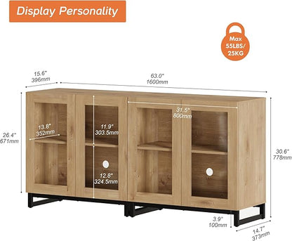 WAMPAT Modern TV Stand with Glass Doors for 32-70 inch TVs, Farmhouse Entertainment Center Media TV Console with Adjustable Shelves for Living Room, Bedroom, Oak