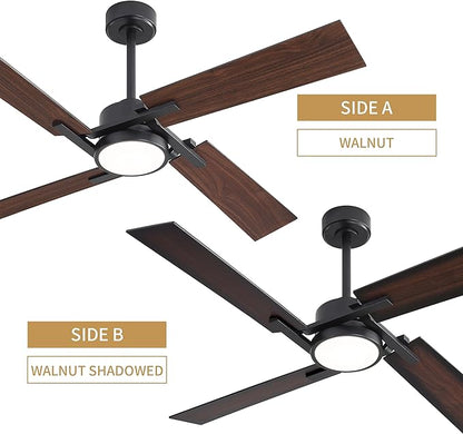 WINGBO 54 Inch Ceiling Fan with Light and Remote, 4 Plywood Blades, 6-Speed Reversible DC Motor, Dimmable, 3CCT, Farmhouse Ceiling Fan for Bedroom Living Room Kitchen, Black and Walnut/Shadowed Walnut