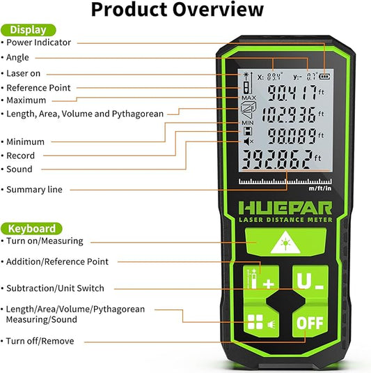393FT Professional Green Laser Measuring Tool with Angle Sensor, Huepar 1/16in Accuracy Laser Distance Measurement Tool, Digital Laser Room Measuring Device, Laser Distance Meters