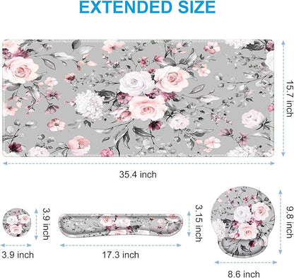 iCasso Large Mouse Pad Wrist Support Set, 4in1 XXL Big Mousepad + Keyboard Wrist Rest + Mouse Wrist Rest + Coaster Set with Ergonomic Design Gaming Mat for Home Office Table Computer - Pink Floral