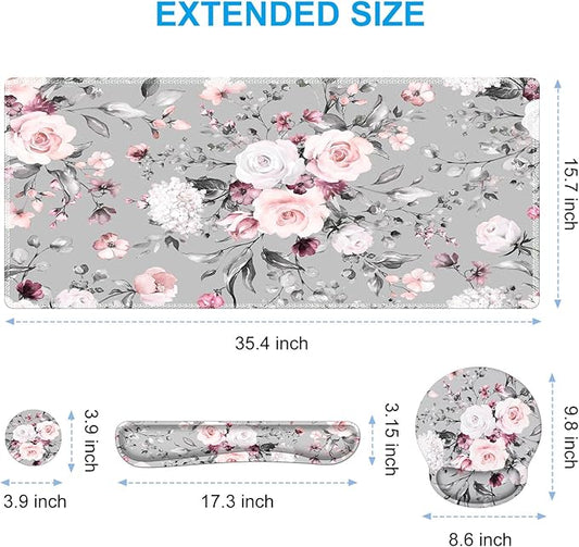 iCasso Large Mouse Pad Wrist Support Set, 4in1 XXL Big Mousepad + Keyboard Wrist Rest + Mouse Wrist Rest + Coaster Set with Ergonomic Design Gaming Mat for Home Office Table Computer - Pink Floral