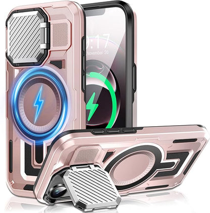 Camera Stand Case for iPhone 16E, [Compatible with Mag Safe] [Lens Cover] 2024 Version Military Grade Protective Soft Case for iPhone 16E 6.3 inch Men Women, Pink