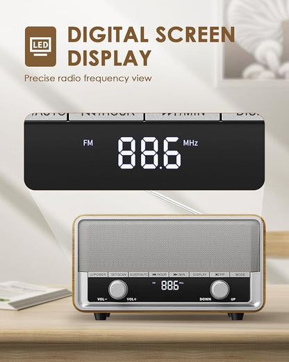 Vintage Wood AM FM Bluetooth Radio with Clock, Digital Clock Radio for Bedroom with LCD Display | 40 Presets | Sleep Timer | No Alarm, Retro Bluetooth Speaker for Office, Kitchen (Wood)