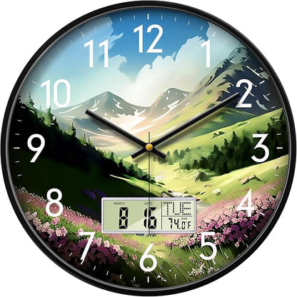 SCOAGE Digital Large Display Silent Wall Clock with Temperature Date Mountain Flowers Modern Non-ticking Battery Operated Mount Clocks Bathroom Kitchen Clock Farmhouse Living Room Office Decor 14 Inch