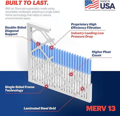 BNX TruFilter 14x14x1 Air Filter MERV 13 (6-Pack) - MADE IN USA - Electrostatic Pleated Air Conditioner HVAC AC Furnace Filters for Allergies, Pollen, Mold, Bacteria, Smoke, Allergen, MPR 1900 FPR 10