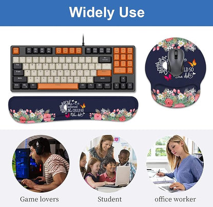 Keyboard Wrist Rest + Mouse Pad Wrist Support Set with Coasters, She Believed She Could So She Did Inspirational Quote Design Non-Slip PU Base Ergonomic Mousepad for Home Office Working Studying