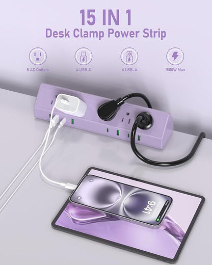Jgstkcity Desk Clamp Power Strip,65W Fast Charging Station,4 USB-C,4 USB-A,1200J Surge Protector,ETL Listed,1875W Extension Cord,Multiple Outlets for Home, Office (Purple, 6 FT Cable)