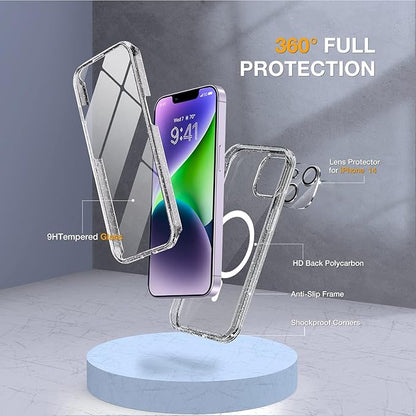 Miracase Magnetic for iPhone 14 Case 6.1", [Built-in Tempered Glass Screen Protector + Lens Protector] [Compatible with MagSafe] Full-Body Protective Bumper 14 Phone Cover, Clear Glitter