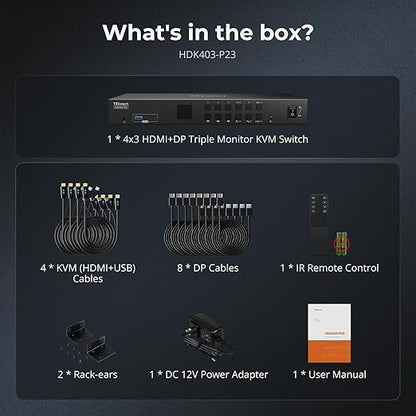 TESmart USB 3.0 KVM Switch 3 Monitors 4 Computers 4K@60Hz, HDMI+DP KVM Docking Station, EDID Emulators, 1G Ethernet, Hotkey Switch, 2K@144Hz for Gaming & Home Office, Audio & Mic with All Input Cables