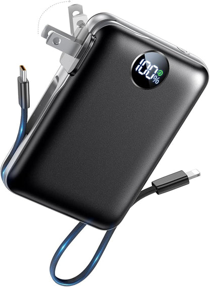 Portable Charger with Built in Cables & Wall Plug,10000mAh Power Bank, 4 Outputs,22.5W USB C Fast Charging,Slim Travel Essential Battery Pack with LED Display for iPhone 17/16/15/14 Series,Black
