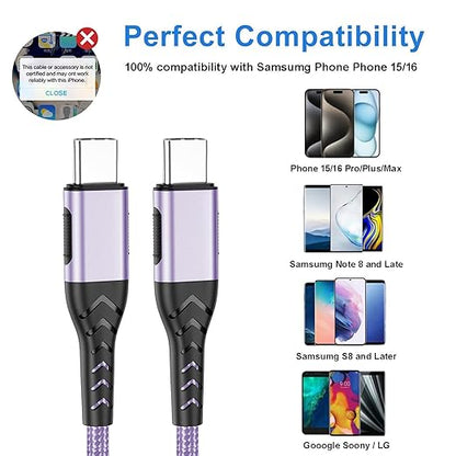 Durcord USB C to USB C Cable, 2Pack 100W 6ft USB C Charger Cable Fast Charging for Android/Phone/Pad, Type C to Type C Charger Braided USB Cable Compatible with Phone 16/15 Pro Plus Max Purple