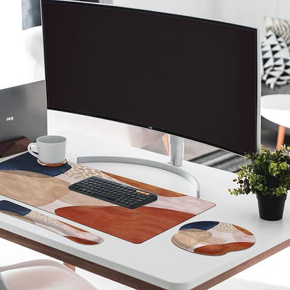 Britimes Abstract Boho Keyboard Mouse Pad Set 4in1 Large Mousepad+Keyboard Wrist Rest+Mouse Wrist Rest+Coaster Set with Ergonomic Design for Home Office Computer 35.4x15.7 inches