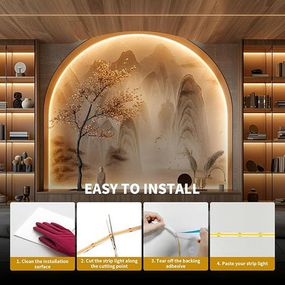 BUNACET COB LED Strip Light 40ft/12m (1 Roll) Warm White 3000K High Lumen CRI 90+ with UL Listed Power Adapter RF Remote for Bedroom Counter Under Cabinet Kitchen Projects