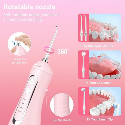 JNGOODS Cordless Water Dental Flosser Oral irrigator,JNGOODS 300ml Rechargeable Water flosser for Teeth IPX7 Waterproof 4 Modes Portable Oral Irrigator with 4 Jet Tips, Travel Home use (Pink)