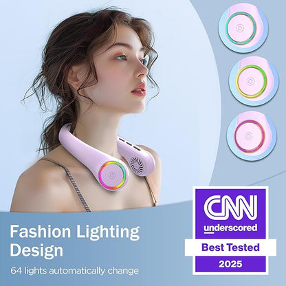 GULAKI Portable Neck Fan, Personal Fan with 4000mAh Battery, Rechargeable Neck Fan with 3 Speeds and 64 Cool Lights, Birthday Gifts for Men Women Mom Dad, Hands Free Cooling fan for Summer(Purple)