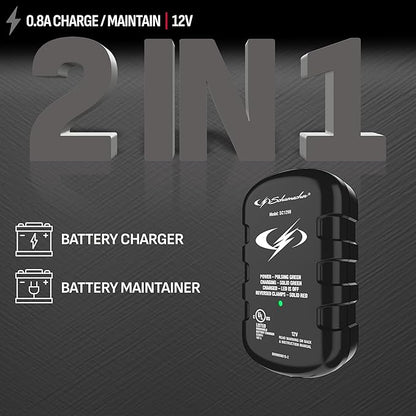 Schumacher Electric 0.8A Car Battery Charger and Maintainer, 2-in-1 Solution, for 12V Power Sport, Automotive, and Marine Batteries, SC1299