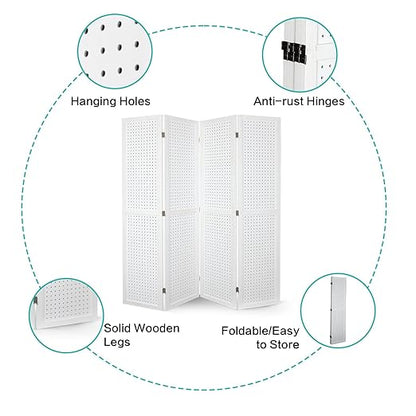 Babion 4 Panel Pegboard Display, Peg Board Room Divider Freestanding Folding Privacy Screens Pegboard Display Stand for Craft Shows (White)