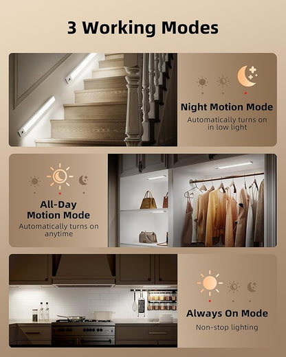 EZVALO 3 Pack Under Cabinet Lighting, 4000mAh Rechargeable Motion Sensor Light, 16inch Magnetic Closet Lights with Dimmable & 3 Color Temps, Wireless Motion Activated Lights with Remote for Kitchen