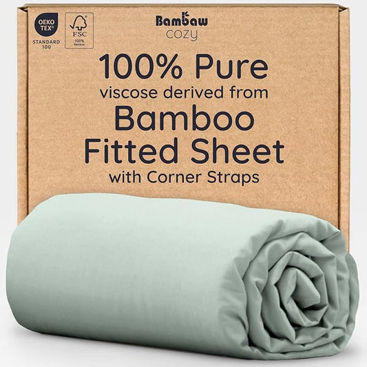 Bambaw Fitted Sheet with Elastic Corner Straps, 100% Viscose Derived from Bamboo Fitted Sheet Queen Size, 16’’ Deep Pocket Queen Size Mattress Sheets (Sea Glass)