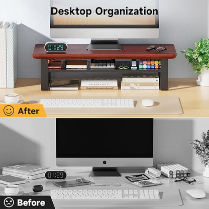 NestNeat Monitor Stand Riser, 24 Inch Computer Monitor Stand for Desk, 2-Tier Wood Desk Shelf Organizer with Storage, Desktop Stand for Laptop/Screen/PC/Printer, Ergonomic Home Office Monitor Stand