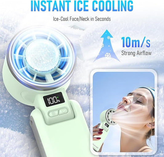 PlayHot Upgraded Portable Handheld Fan with 60°F Ice Cooling, Up tp 12Hrs Hand Held Portables Fans, 5 Speed 25550RPM Powerful Portable Fan Handheld, Hand/Neck/Desk Fan 3 IN 1(Green)