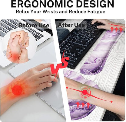 Britimes Purple Pink Marble Gold Keyboard Mouse Pad Set 4in1 Large Mousepad+Keyboard Wrist Rest+Mouse Wrist Rest+Coaster Ergonomic Design for Home Office Computer 35.4x15.7 inches