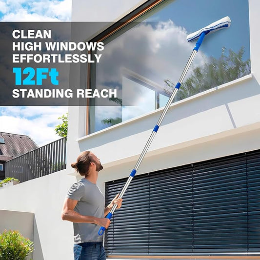 ARTIPOLY Squeegee for Window Cleaning, 14" Extra-Large Squeegee & Microfiber Scrubber Combi with 60" Stainless Steel Pole, Window Cleaning Kit for Shower Glass Mirror Door Car-2 Pads