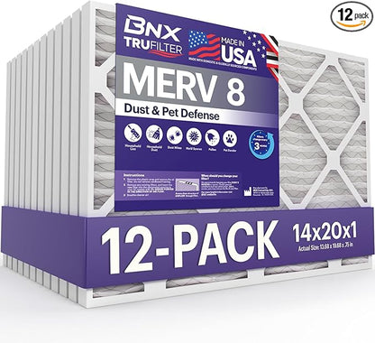 BNX TruFilter 14x20x1 Air Filter MERV 8 (12-Pack) - MADE IN USA – Dust & Pet Defense Electrostatic Pleated Air Conditioner HVAC AC Furnace Filters for Dust, Pet, Mold, Pollen MPR 600 – 700 & FPR 5
