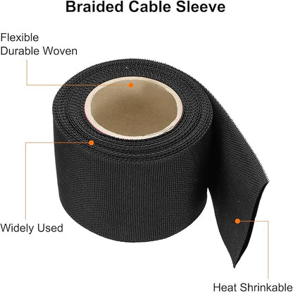 MECCANIXITY Braided Cable Sleeves Heat Shrinkable Fabric Sleeving, 2" 16ft Black 2:1 Ratio Heat Shrinkable Cord Protector for Harness Cable, Network Cable Protection, Cable Management