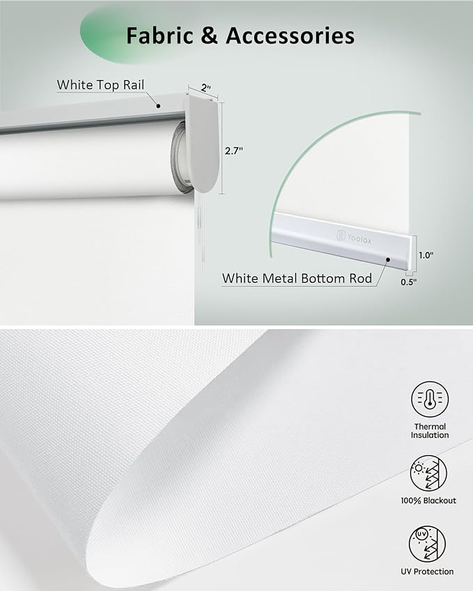 Yoolax Motorized Blinds App Control, Blackout Roller Shades for Windows, Cordless Automatic Shades Roller Window Blinds for Bedroom Living Room Office (Blackout Alpine White, 47" W x 72" H)