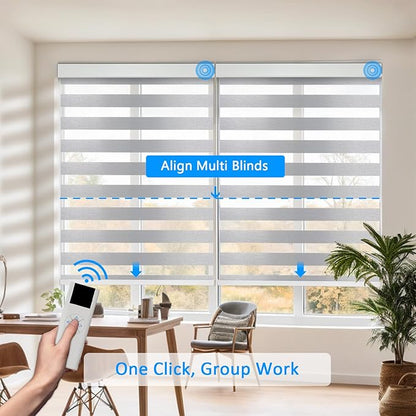 COOLWINDS Motorized Zebra Blinds for Windows Cordless Electric Curtains with Remote Control Blackout Shades Custom Smart Blinds Compatible with Alexa Google Home(Light Filtering Grey,W23 X 72in)