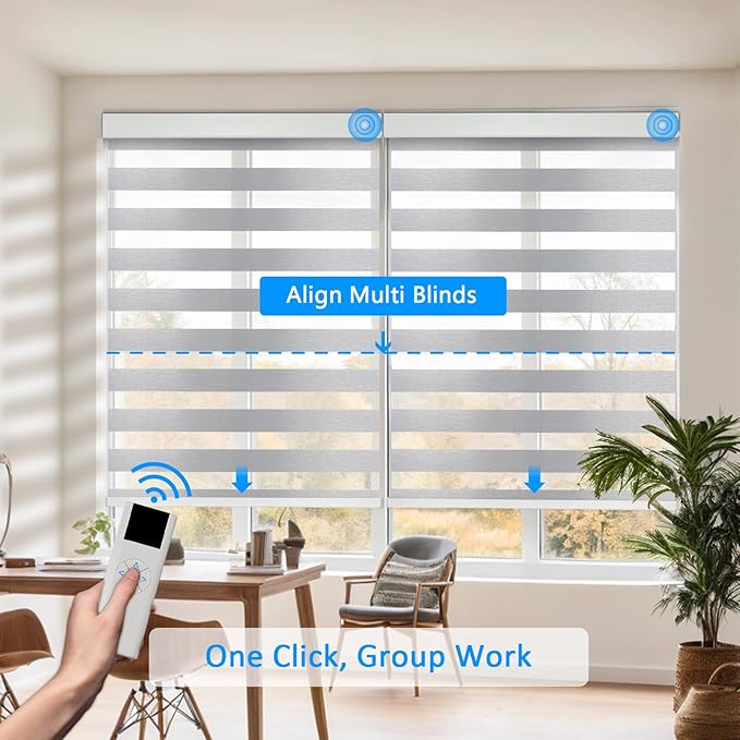 COOLWINDS Motorized Zebra Blinds for Windows Cordless Electric Curtains with Remote Control Blackout Shades Custom Smart Blinds Compatible with Alexa Google Home(Light Filtering Grey,W49 X 72in)