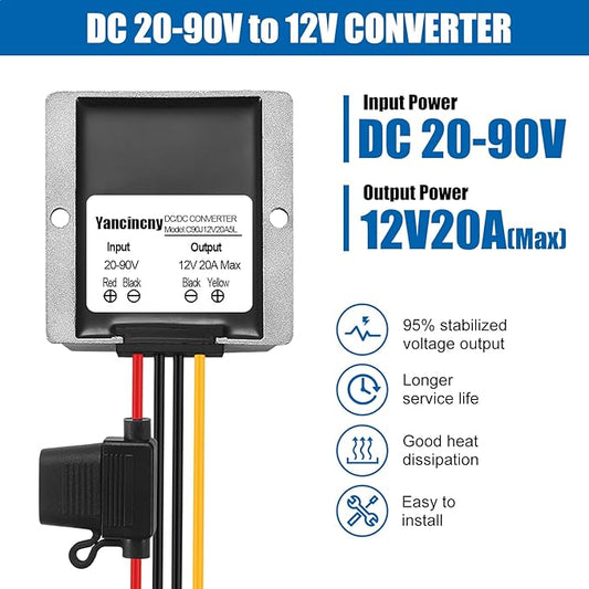 Yancincny 240W Dc-Dc Step Down to 12V Converter, DC 90V 72V 60V 48V 36V 24V to 12v Voltage Converter 20A Regulator Step Down to 12V dc Converter Reducer Power Supply Transformer Module for Golf Cart
