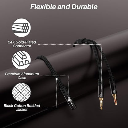 Kxable Headphone Splitter for Computer, 3.5mm Female to Dual 3.5mm Male Audio Splitter Cable, Stereo Jack Earphones Headset to PC Laptop Adapter, 1/8inch 2-in-1 Y Separator Aux Dongle Converters, 1FT