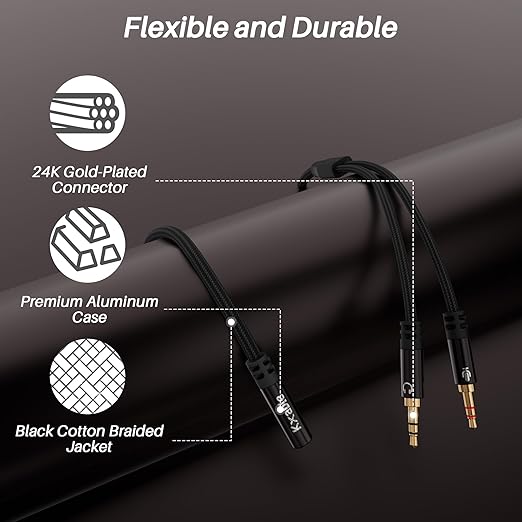 Kxable Headphone Splitter for Computer, 3.5mm Female to Dual 3.5mm Male Audio Splitter Cable, Stereo Jack Earphones Headset to PC Laptop Adapter, 1/8inch 2-in-1 Y Separator Aux Dongle Converters, 2FT