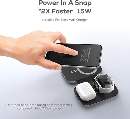 Teton 3 in 1 Wireless Charger with 5000mAh Power Bank,15W Qi2 Foldable Wireless Charging Station for Multiple Devices,Magsafe Travel Charger Stand for iPhone 16/15/14/13 Apple Watch & Airpods