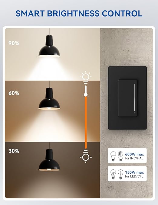 ELEGRP Smart Dimmer Light Switch DTR10, Single Pole Setup, 2.4GHz Wi-Fi Touch Dimmer Compatible with Alexa and Google Assistant, Needs Neutral Wire, No Hub Required, UL&FCC Listed, Black, 10 Pack