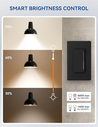 ELEGRP Smart Dimmer Light Switch DTR30, Single Pole or 3 Way, 2.4GHz Wi-Fi Touch Dimmer Compatible with Alexa/Google Assistant, Needs Neutral Wire, No Hub Required, UL and FCC Listed, Black, 1 Pack