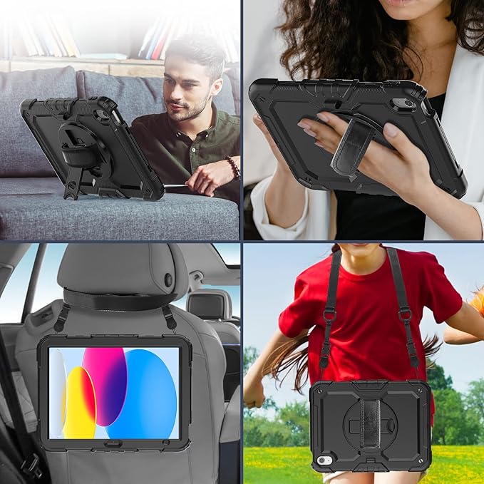 BLOSOMEET Case for iPad A16 11th/10th Generation 11''/10.9'' 2025/2022 with Tempered Glass Screen Protector & Pencil Holder, Rugged Military Grade Cover w/Stand Hand Shoulder Strap, Black