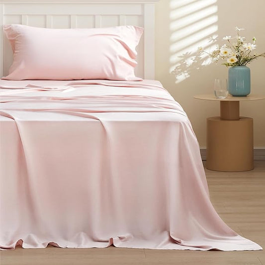 Bedsure Cooling Sheets Twin, Rayon Derived from Bamboo, Breathable & Soft Twin Sheets Set, Deep Pocket Up to 16 Inches, Hotel Luxury Silky Bedding for Hot Sleepers, Pink