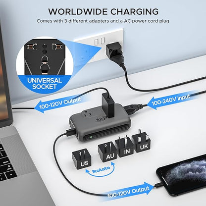 220V to 110V Converter, Key Power 230-Watt Step Down Voltage Converter & Power Converter, International Travel Power Adapter with USB C Port 18W.