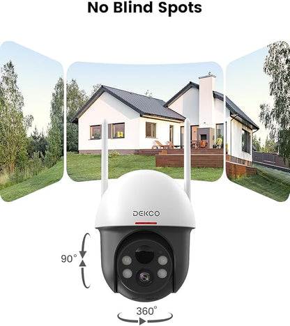 DEKCO Security Cameras Wireless Outdoor, Solar Powered, Panoramic PTZ, Auto Motion Tracking, True 2K, Color Night Vision, Spotlights, 2-Way Talk, 2 Pac