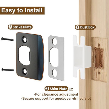 MOSECYOU Standard Door Lock Strike Plate with Spacer Shim, Oil Rubbed Bronze, Door Latch Restorer, Universal Security Striker, Repair Kits to Fix Door Won’t Latch Close