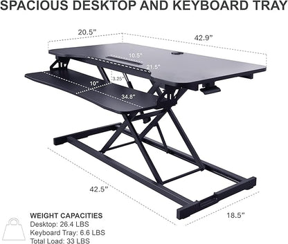 Rocelco 43" Height Adjustable Standing Desk Converter - Tall Sit Stand Up Tabletop Riser with Tablet Slot - Home Office Computer Workstation - Deep Keyboard Tray for Laptop Mouse - Black (R VADRB-43)
