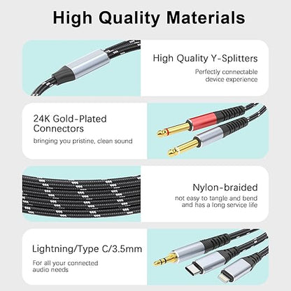 Lightning to Dual 6.35mm 1/4" TS Mono Stereo Y-Cable Splitter,3 in 1 to Dual 1/4-inch Audio Cable, Compatible with smartphones, computers, phones/Pads Amplifiers,speakers,headphones,mixing consoles