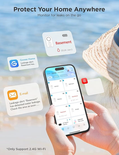 Govee WiFi Water Sensor 1 Pack, Smart Water Leak Detector, 100dB Adjustable Alarm Suit for Home and Basement, Water Leak Alert with Email & APP Push (Only Support 2.4G Wi-Fi)