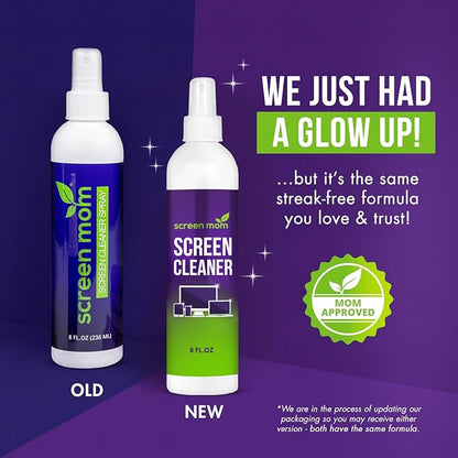 Screen Cleaner Spray and 4 Microfiber Cloths Bundle 8oz & 2oz, by Screen Mom, Eyeglasses or Monitor Screen Cleaner Spray and Wipe, Electronic Cleaner Spray, Car Screen Cleaning Kit