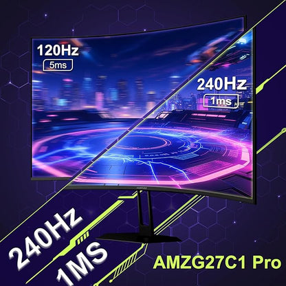 Amzfast 27 inch 240Hz Curved Gaming Monitor, FHD 1080P Monitor Gaming with Upgraded Built-in Speakers, MPRT 1ms with Fast VA Panel | 130% sRGB, 4000:1,1500R | 12 Months Warranty Exchange