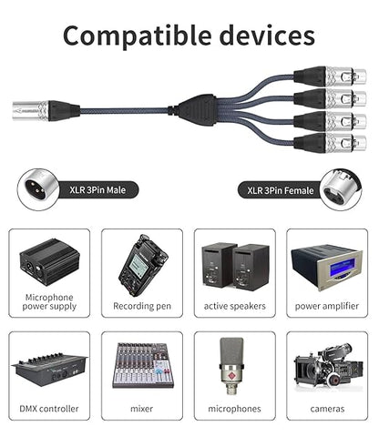 HUALEU 3Pin XLR 1 Male to 4 Female Splitter Cable 2Feet,4WAY XLR Four-Input and one-Output Parallel Connection Adapter,4 Microphone inputs Converted to 1 Output,4 in to 1 Out Aduio Splitter Cable
